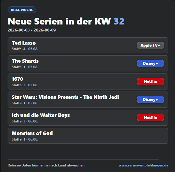 Neue Serien in der KW 32
